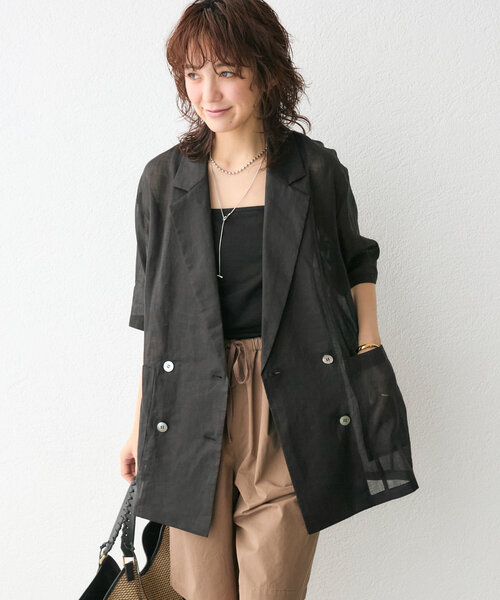 RIVE DROITE（リヴドロワ）の「【程よい透け感が魅力】ラミーハーフスリーブジャケット（テーラードジャケット・レディース・モカ/サックスブルー/ブラック・FREE）」の8枚目の写真