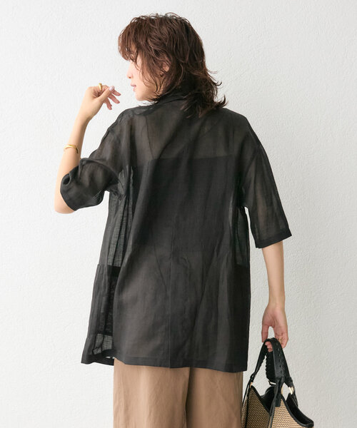 RIVE DROITE（リヴドロワ）の「【程よい透け感が魅力】ラミーハーフスリーブジャケット（テーラードジャケット・レディース・モカ/サックスブルー/ブラック・FREE）」の10枚目の写真