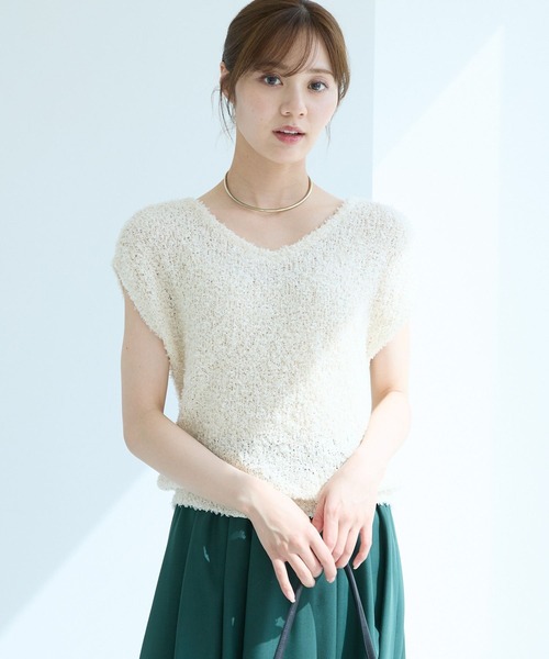 Andemiu(アンデミュウ)の「リボンヤーンフレンチスリーブニット495425(ニット/セーター・レディース・ブラウン/ナチュラル・FREE)」の2枚目の写真