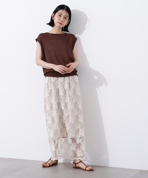 美品　BEIGE ベージ　Iライン　レーススカート ブラウン　4 ハシゴレースIラインスカート【リサイクルポリエステル