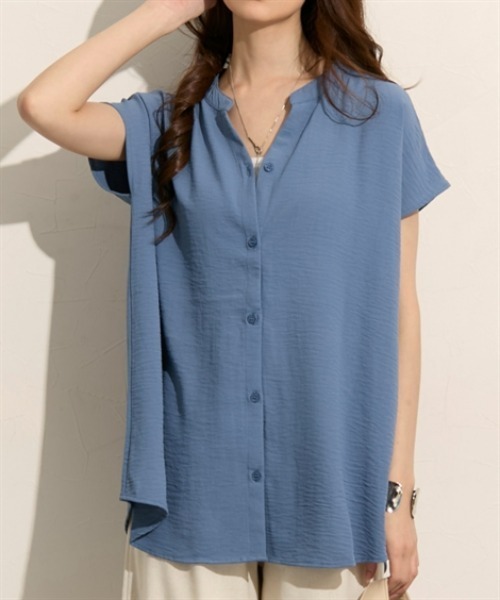 nissen（ニッセン）の「バンドカラー　フレンチスリーブシャツ（シャツ/ブラウス・レディース・ブルー/オフホワイト/ブラック・M/L）」の3枚目の写真