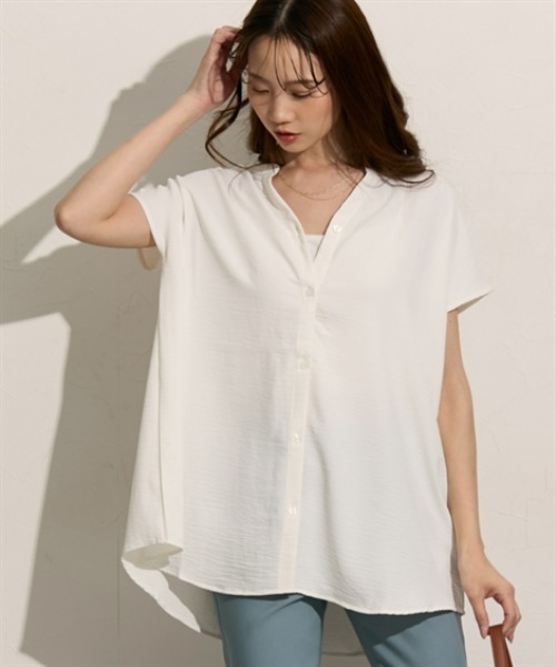 nissen（ニッセン）の「バンドカラー　フレンチスリーブシャツ（シャツ/ブラウス・レディース・ブルー/オフホワイト/ブラック・M/L）」の4枚目の写真