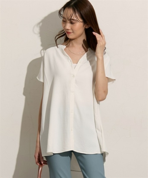 nissen（ニッセン）の「バンドカラー　フレンチスリーブシャツ（シャツ/ブラウス・レディース・ブルー/オフホワイト/ブラック・M/L）」の5枚目の写真