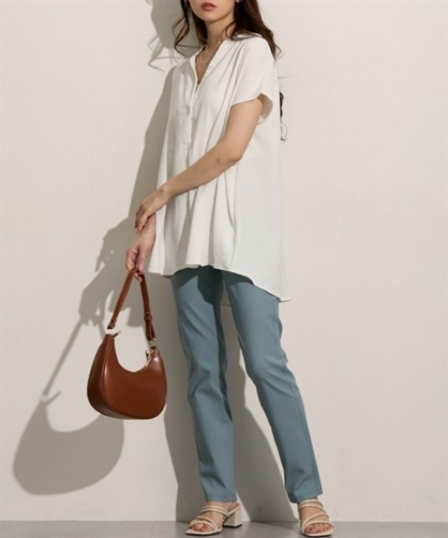 nissen（ニッセン）の「バンドカラー　フレンチスリーブシャツ（シャツ/ブラウス・レディース・ブルー/オフホワイト/ブラック・M/L）」の6枚目の写真