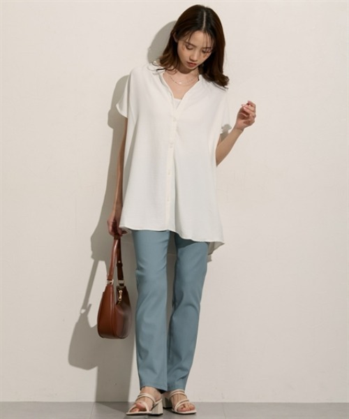 nissen（ニッセン）の「バンドカラー　フレンチスリーブシャツ（シャツ/ブラウス・レディース・ブルー/オフホワイト/ブラック・M/L）」の7枚目の写真