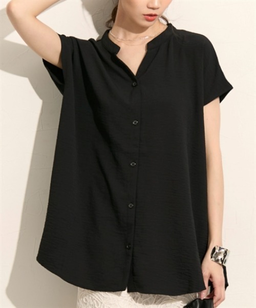 nissen（ニッセン）の「バンドカラー　フレンチスリーブシャツ（シャツ/ブラウス・レディース・ブルー/オフホワイト/ブラック・M/L）」の8枚目の写真