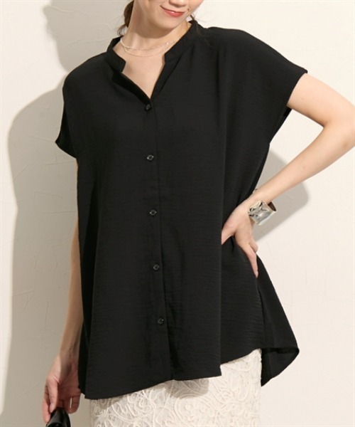 nissen（ニッセン）の「バンドカラー　フレンチスリーブシャツ（シャツ/ブラウス・レディース・ブルー/オフホワイト/ブラック・M/L）」の9枚目の写真