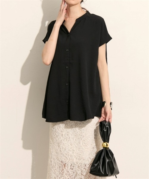 nissen（ニッセン）の「バンドカラー　フレンチスリーブシャツ（シャツ/ブラウス・レディース・ブルー/オフホワイト/ブラック・M/L）」の11枚目の写真