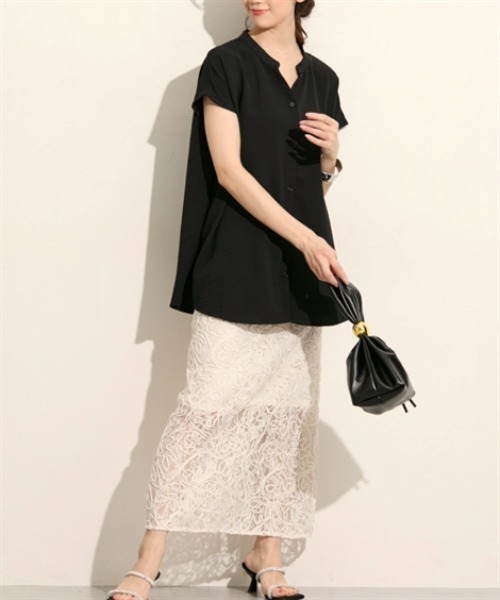 nissen（ニッセン）の「バンドカラー　フレンチスリーブシャツ（シャツ/ブラウス・レディース・ブルー/オフホワイト/ブラック・M/L）」の12枚目の写真