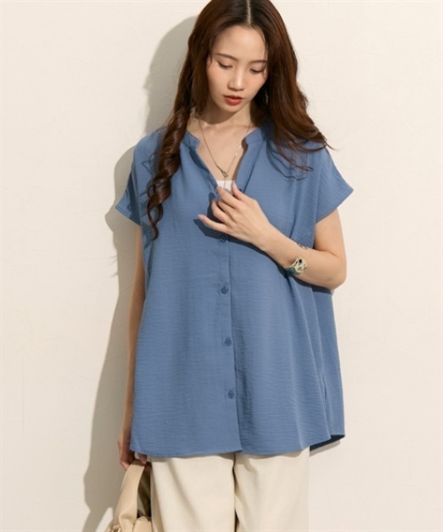 nissen（ニッセン）の「バンドカラー　フレンチスリーブシャツ（シャツ/ブラウス・レディース・ブルー/オフホワイト/ブラック・M/L）」の13枚目の写真