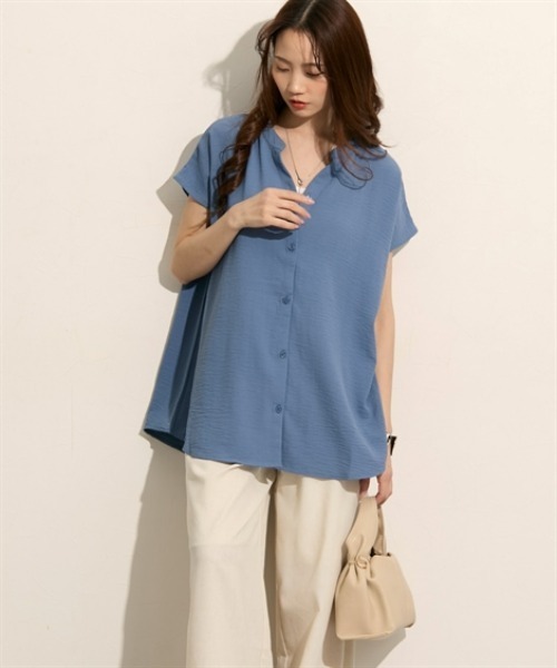 nissen（ニッセン）の「バンドカラー　フレンチスリーブシャツ（シャツ/ブラウス・レディース・ブルー/オフホワイト/ブラック・M/L）」の14枚目の写真