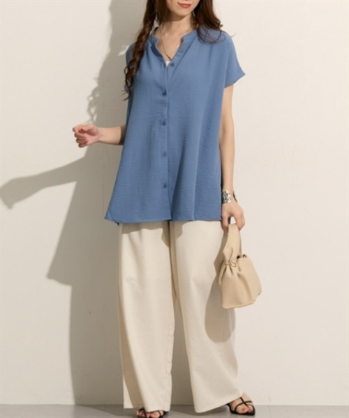 nissen（ニッセン）の「バンドカラー　フレンチスリーブシャツ（シャツ/ブラウス・レディース・ブルー/オフホワイト/ブラック・M/L）」の16枚目の写真