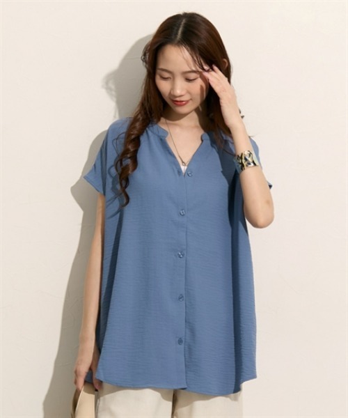 nissen（ニッセン）の「バンドカラー　フレンチスリーブシャツ（シャツ/ブラウス・レディース・ブルー/オフホワイト/ブラック・M/L）」の17枚目の写真