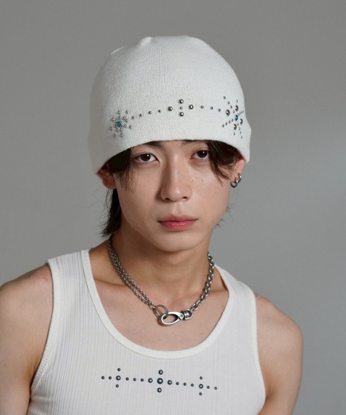 Chikashitsu +（チカシツプラス）の「【Chikashitsu +】multi studs beanie / 【チカシツプラス】マルチスタッズニット帽子（ニットキャップ/ビーニー・メンズ・グレー/ブラック/ホワイト・ONE SIZE）」の18枚目の写真