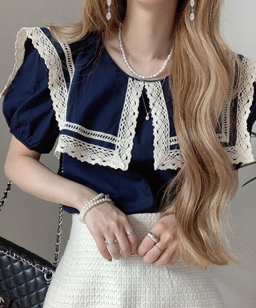 ReRe(リリ)の「フリルカラーレースブラウス(シャツ/ブラウス・レディース・ホワイト/ネイビー・FREE)」の2枚目の写真