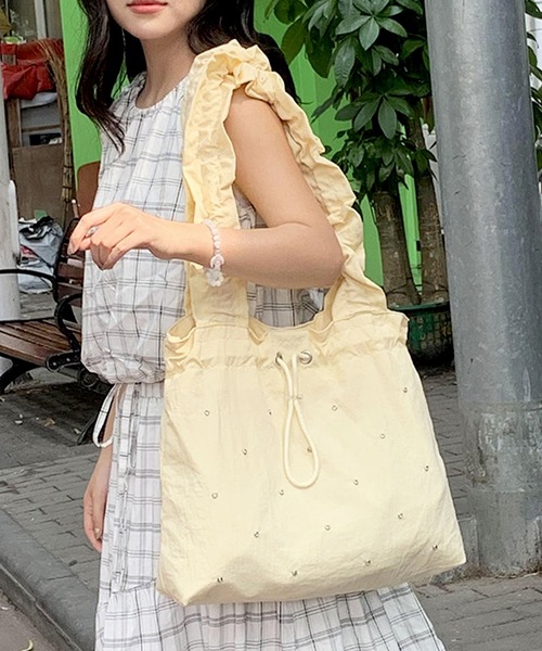 florist(フローリスト)の「【A4収納・軽い◎】ラインストーンドロストギャザーハンドルバッグ/トートバッグ(トートバッグ・レディース・スカイブルー/ブラック/ライトイエロー/ピンク・FREE)」の3枚目の写真