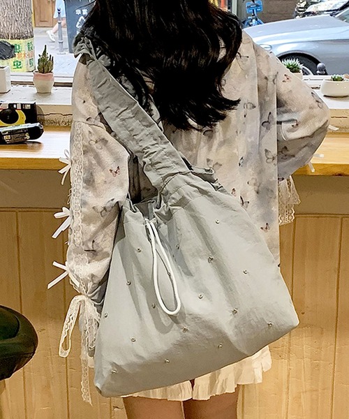 florist(フローリスト)の「【A4収納・軽い◎】ラインストーンドロストギャザーハンドルバッグ/トートバッグ(トートバッグ・レディース・スカイブルー/ブラック/ライトイエロー/ピンク・FREE)」の2枚目の写真