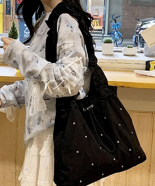 florist(フローリスト)の「【A4収納・軽い◎】ラインストーンドロストギャザーハンドルバッグ/トートバッグ(トートバッグ・レディース・スカイブルー/ブラック/ライトイエロー/ピンク・FREE)」の1枚目の写真