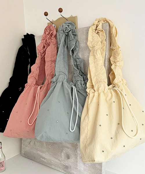 florist(フローリスト)の「【A4収納・軽い◎】ラインストーンドロストギャザーハンドルバッグ/トートバッグ(トートバッグ・レディース・スカイブルー/ブラック/ライトイエロー/ピンク・FREE)」の21枚目の写真