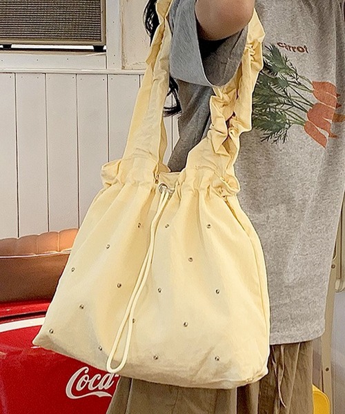 florist(フローリスト)の「【A4収納・軽い◎】ラインストーンドロストギャザーハンドルバッグ/トートバッグ(トートバッグ・レディース・スカイブルー/ブラック/ライトイエロー/ピンク・FREE)」の11枚目の写真