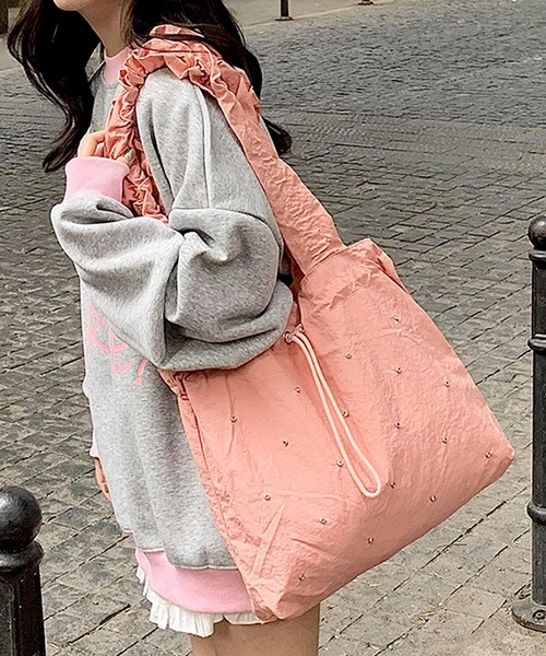 florist(フローリスト)の「【A4収納・軽い◎】ラインストーンドロストギャザーハンドルバッグ/トートバッグ(トートバッグ・レディース・スカイブルー/ブラック/ライトイエロー/ピンク・FREE)」の20枚目の写真