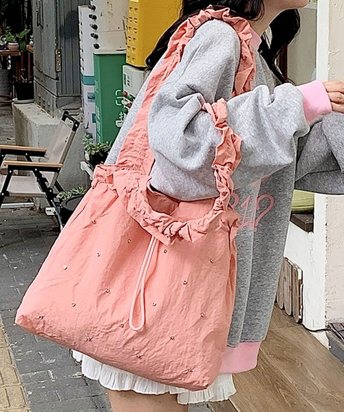 florist(フローリスト)の「【A4収納・軽い◎】ラインストーンドロストギャザーハンドルバッグ/トートバッグ(トートバッグ・レディース・スカイブルー/ブラック/ライトイエロー/ピンク・FREE)」の19枚目の写真