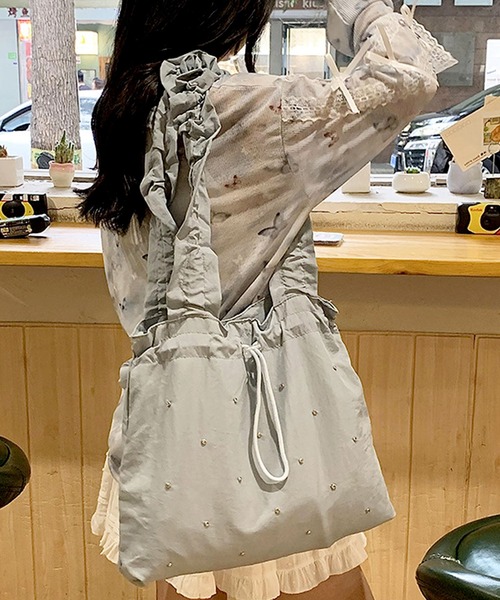 florist(フローリスト)の「【A4収納・軽い◎】ラインストーンドロストギャザーハンドルバッグ/トートバッグ(トートバッグ・レディース・スカイブルー/ブラック/ライトイエロー/ピンク・FREE)」の17枚目の写真