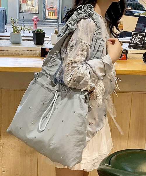 florist(フローリスト)の「【A4収納・軽い◎】ラインストーンドロストギャザーハンドルバッグ/トートバッグ(トートバッグ・レディース・スカイブルー/ブラック/ライトイエロー/ピンク・FREE)」の16枚目の写真