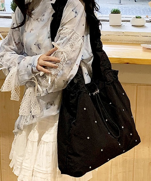 florist(フローリスト)の「【A4収納・軽い◎】ラインストーンドロストギャザーハンドルバッグ/トートバッグ(トートバッグ・レディース・スカイブルー/ブラック/ライトイエロー/ピンク・FREE)」の14枚目の写真