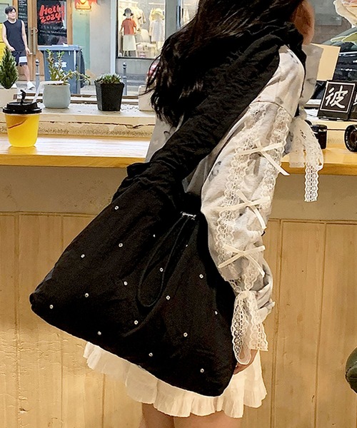 florist(フローリスト)の「【A4収納・軽い◎】ラインストーンドロストギャザーハンドルバッグ/トートバッグ(トートバッグ・レディース・スカイブルー/ブラック/ライトイエロー/ピンク・FREE)」の13枚目の写真