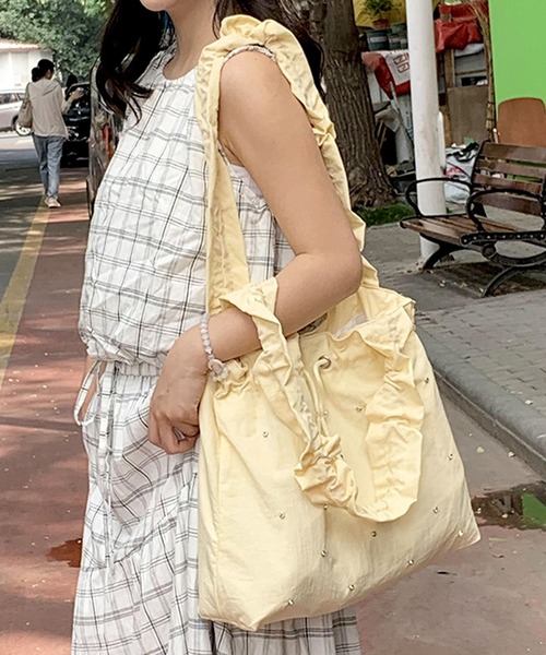 florist(フローリスト)の「【A4収納・軽い◎】ラインストーンドロストギャザーハンドルバッグ/トートバッグ(トートバッグ・レディース・スカイブルー/ブラック/ライトイエロー/ピンク・FREE)」の12枚目の写真