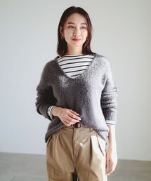 ボーダー ロンT × Vネック ニット セット