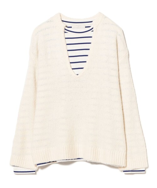 B:MING by BEAMS(ビーミングバイビームス)の「ボーダー ロンT × Vネック ニット セット(ニット/セーター・レディース・チャコールグレー/オフホワイト/ダークブラウン・ONE SIZE)」の4枚目の写真