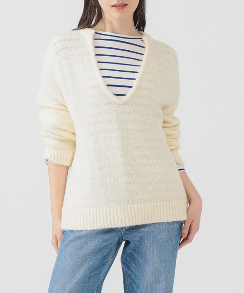 B:MING by BEAMS(ビーミングバイビームス)の「ボーダー ロンT × Vネック ニット セット(ニット/セーター・レディース・チャコールグレー/オフホワイト/ダークブラウン・ONE SIZE)」の1枚目の写真