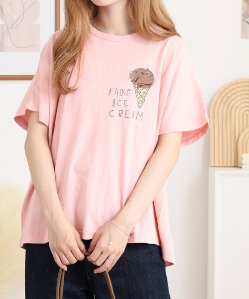 tシャツ EMAGO ねこアイスクリーム刺繍ドルマンＴ レディース EMAGO ねこアイスクリーム刺繍ドルマンT（Tシャツ/カットソー