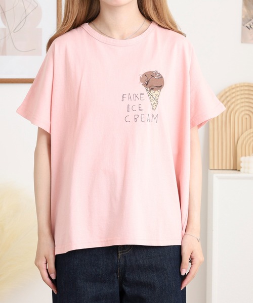 Emago(イマゴ)の「EMAGO ねこアイスクリーム刺繍ドルマンT(Tシャツ/カットソー・レディース・ピンク/ホワイト/チャコールグレー・FREE)」の10枚目の写真
