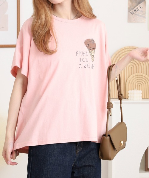 Emago(イマゴ)の「EMAGO ねこアイスクリーム刺繍ドルマンT(Tシャツ/カットソー・レディース・ピンク/ホワイト/チャコールグレー・FREE)」の4枚目の写真