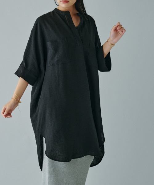 terrace(テラス)の「ツーポケットスキッパーロングシャツ(シャツ/ブラウス・レディース・アイボリー/ブラック/オレンジ・MEDIUM)」の2枚目の写真