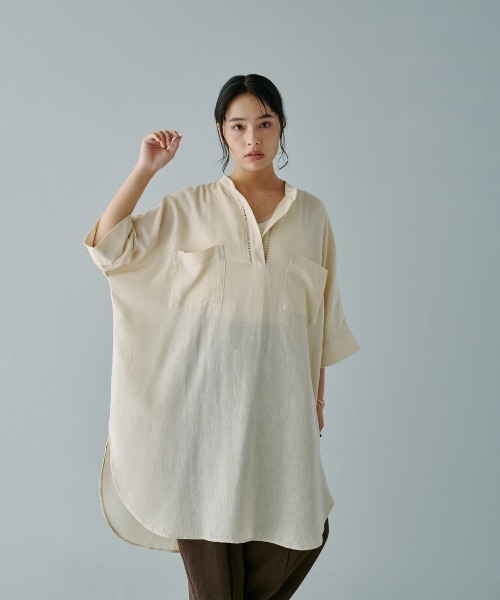 terrace(テラス)の「ツーポケットスキッパーロングシャツ(シャツ/ブラウス・レディース・アイボリー/ブラック/オレンジ・MEDIUM)」の4枚目の写真