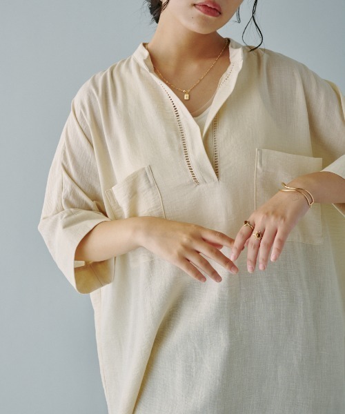 terrace(テラス)の「ツーポケットスキッパーロングシャツ(シャツ/ブラウス・レディース・アイボリー/ブラック/オレンジ・MEDIUM)」の9枚目の写真