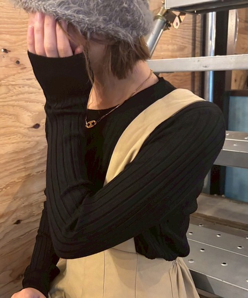 ARCADE（アーケード）の「滑らかな品ある素材感！ 微起毛 無地リブニット カットソー カラー セーター トップス（ニット/セーター・レディース・レッド/ブラウン/ベージュ/パープル/グリーン/ピンク/エメラルド/グレイッシュベージュ/マスタード/ブラック・M/L/S）」の18枚目の写真