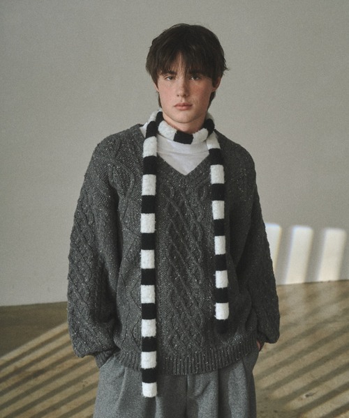 Elanque（エランク）の「volume nep Vneck knit / ボリュームネップVネックニット（ニット/セーター・メンズ・グレー/カーキ/ベージュ・MEDIUM/LARGE/SMALL）」の2枚目の写真