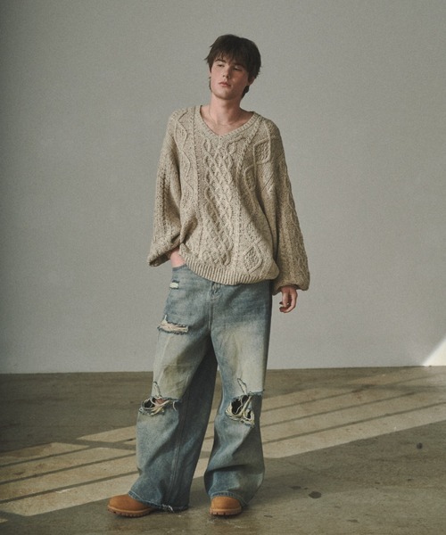 Elanque（エランク）の「volume nep Vneck knit / ボリュームネップVネックニット（ニット/セーター・メンズ・グレー/カーキ/ベージュ・MEDIUM/LARGE/SMALL）」の4枚目の写真