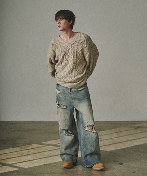 Elanque（エランク）の「volume nep Vneck knit / ボリュームネップVネックニット（ニット/セーター・メンズ・グレー/カーキ/ベージュ・MEDIUM/LARGE/SMALL）」の6枚目の写真