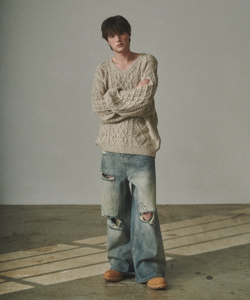 Elanque（エランク）の「volume nep Vneck knit / ボリュームネップVネックニット（ニット/セーター・メンズ・グレー/カーキ/ベージュ・MEDIUM/LARGE/SMALL）」の20枚目の写真