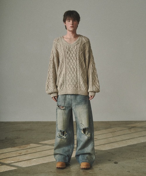 Elanque（エランク）の「volume nep Vneck knit / ボリュームネップVネックニット（ニット/セーター・メンズ・グレー/カーキ/ベージュ・MEDIUM/LARGE/SMALL）」の21枚目の写真