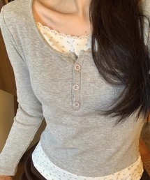 【裏起毛】花柄フェイクレイヤードヘンリーネックリブロンT