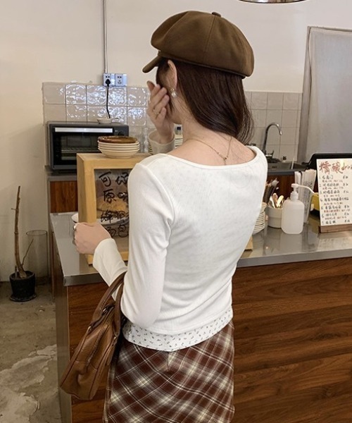 Teem Store(チームストア)の「【裏起毛】花柄フェイクレイヤードヘンリーネックリブロンT(Tシャツ/カットソー・レディース・ホワイト/グレー・M/L)」の10枚目の写真