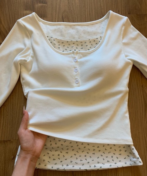 Teem Store(チームストア)の「【裏起毛】花柄フェイクレイヤードヘンリーネックリブロンT(Tシャツ/カットソー・レディース・ホワイト/グレー・M/L)」の8枚目の写真