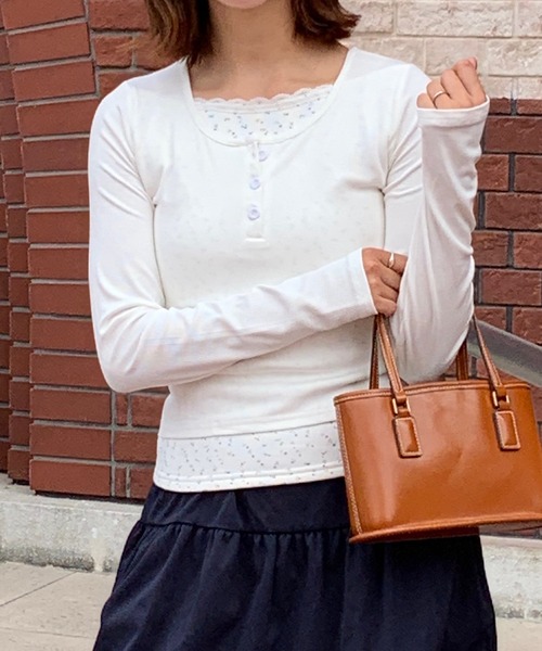 Teem Store(チームストア)の「【裏起毛】花柄フェイクレイヤードヘンリーネックリブロンT(Tシャツ/カットソー・レディース・ホワイト/グレー・M/L)」の18枚目の写真